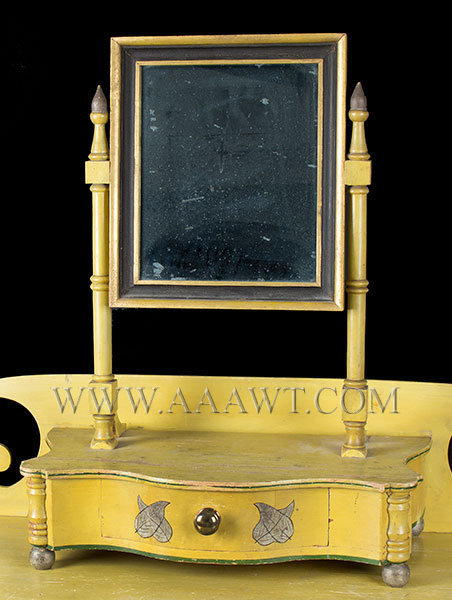 Antique Dressing Table with Mirror in Original Chrome Yellow Paint, Circa 1820, mirror detail